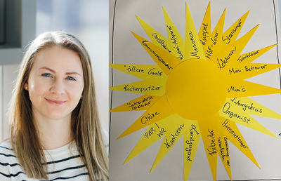 Sandra Puster und die gestaltete 'Engagementsonne', die ehrenamtliche Tätigkeiten sichtbar macht.